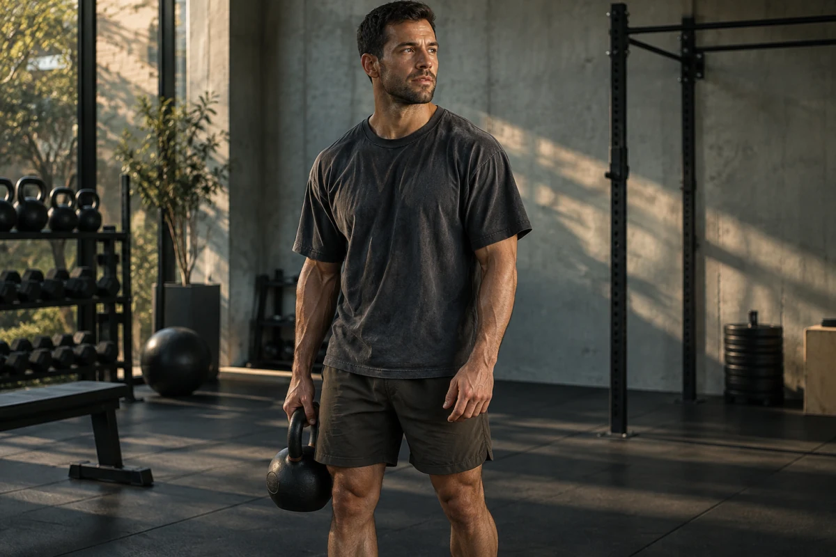 A male personal trainer between kettlebell sets in his studio